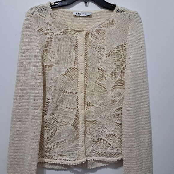 Zara Boho Floral Knit Crochet Coastal Minimalist Cardigan Cream Large - Picture 13 of 15